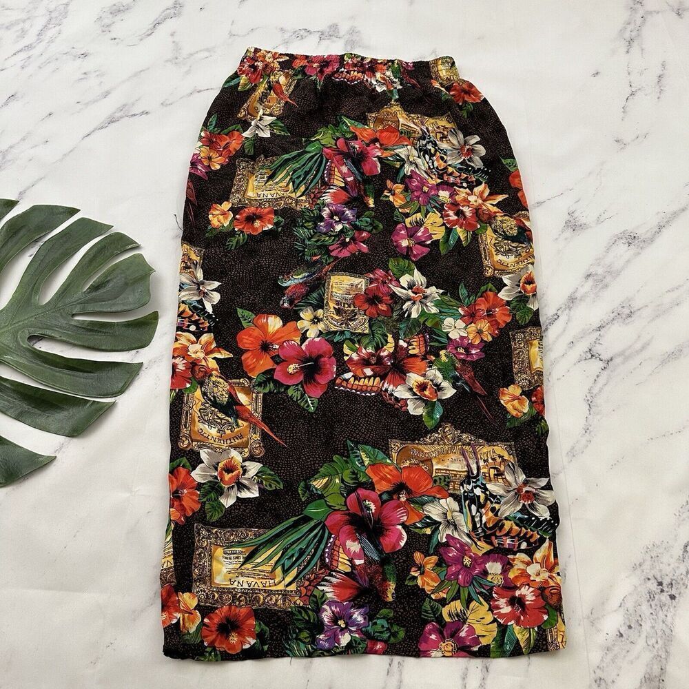 Womens Vintage Wrap Midi Skirt Size M Orange Pink Tropical Floral Parrots Tiki - Picture 6 of 8